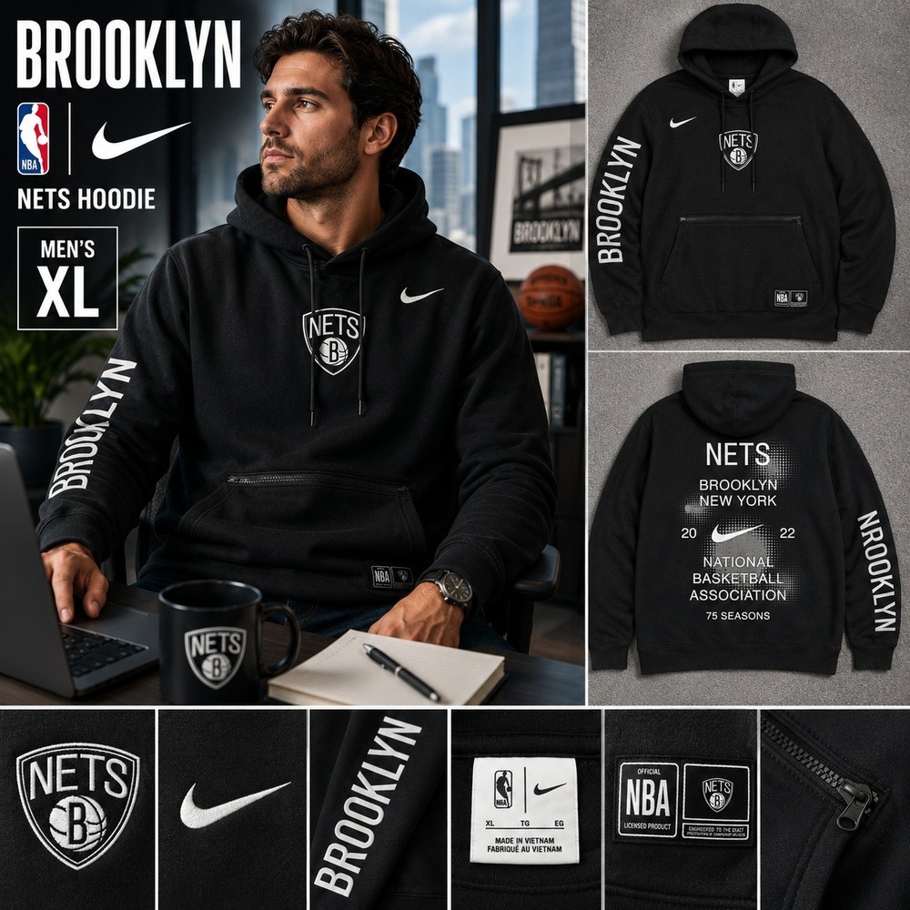 Nike Brooklyn Nets NBA 75th Anniversary Hoodie Mens XL Black Zipper Pocket